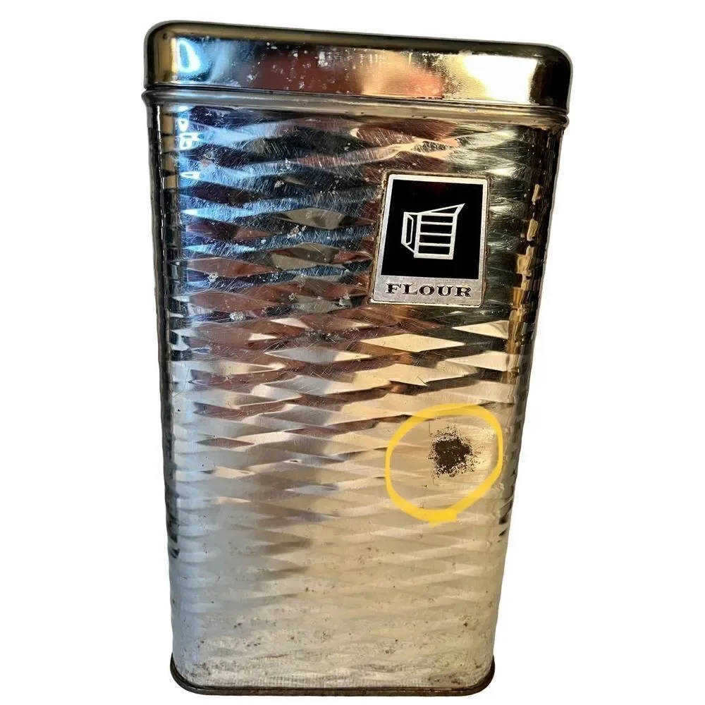 Vintage 4 Piece MCM Chrome/Black Wavy Diamond Textured Canister Set READ